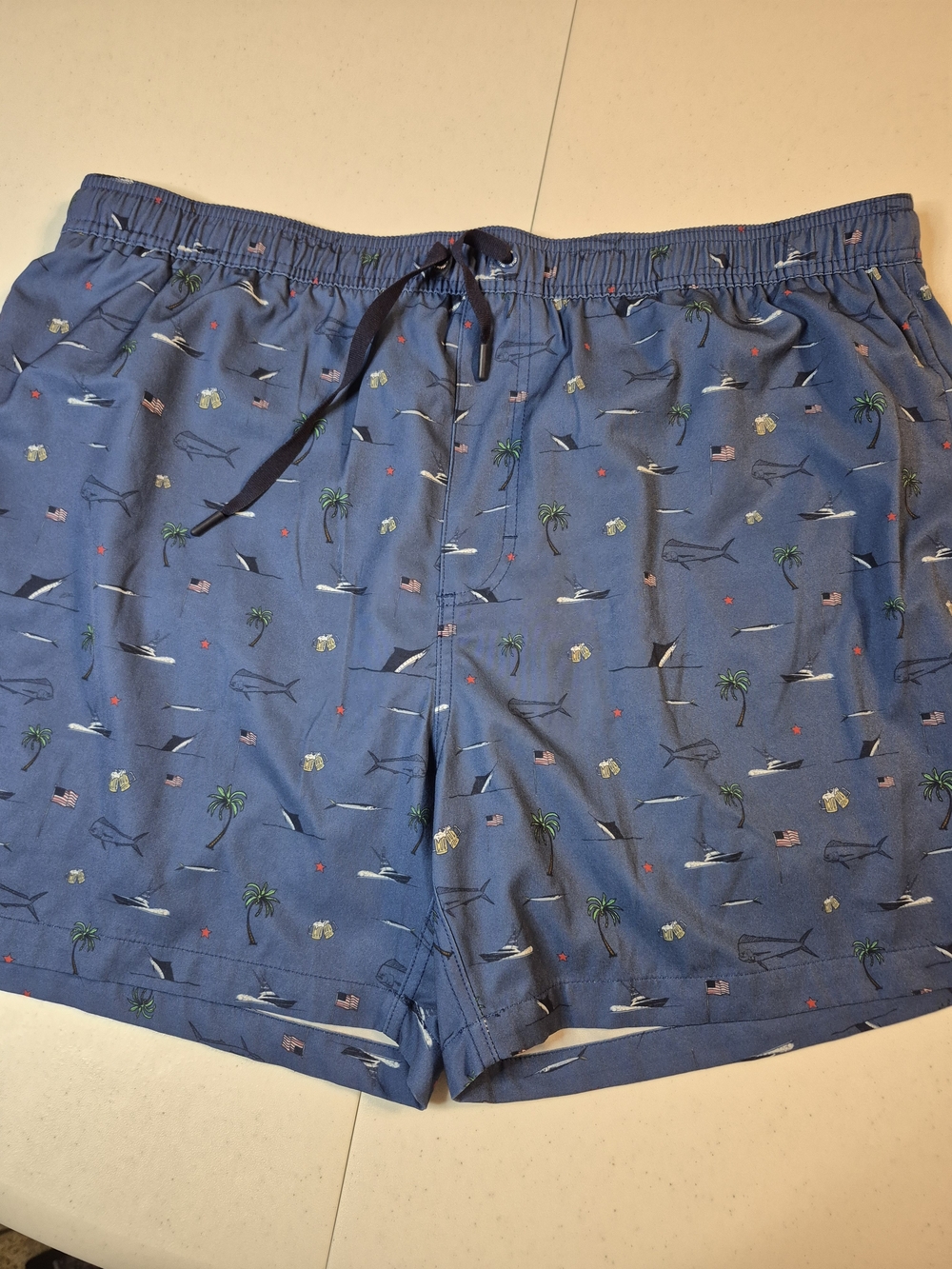 Huk Blue Palm Tree & Yacht Print Swim Trunks 4833